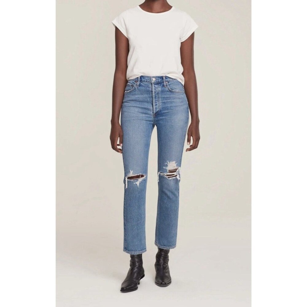 AGOLDE Riley Jeans High Rise Straight Leg Size 28 Crop Distressed Fly Button